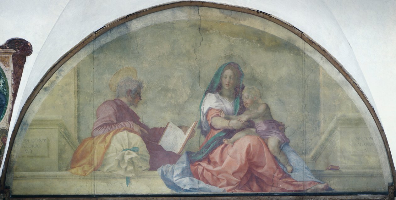 Lunette, jossa on Andrea del Sarton (1486-1530) Madonna del Sacco, fresko tekijältä Andrea del Sarto