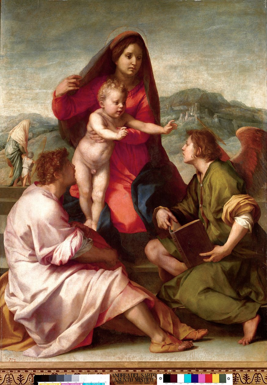 Madonna della Scala. Pyhä perhe enkelin kanssa. Andrea del Sarton (1486-1531) maalaus 1522-1523 su. 1,77x1,35 m Madrid, Prado-museo tekijältä Andrea del Sarto