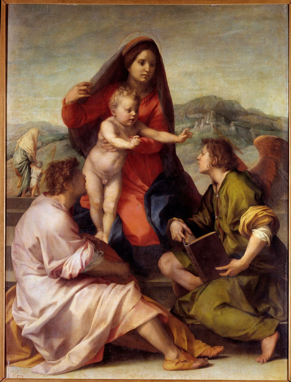 Madonna della Scala. Pyhä perhe enkelin kanssa. Andrea del Sarton (1486-1531) maalaus 1522-1523 su. 1,77x1,35 m Madrid, Prado-museo tekijältä Andrea del Sarto