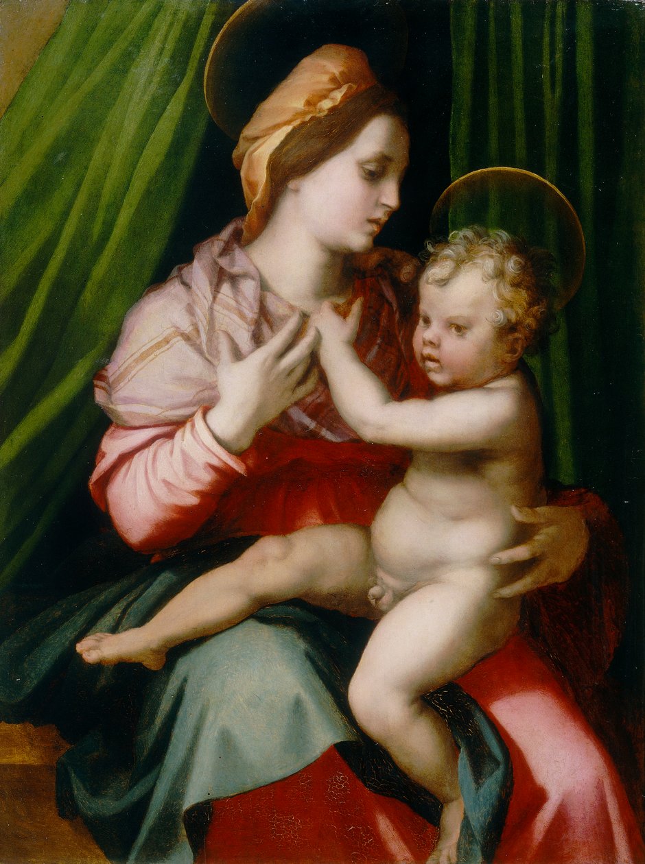 Madonna lapsen kanssa, Andrea del Sarton maalaus, konservoitu Palatine-galleriassa Pitti Palacessa Firenzessä tekijältä Andrea del Sarto