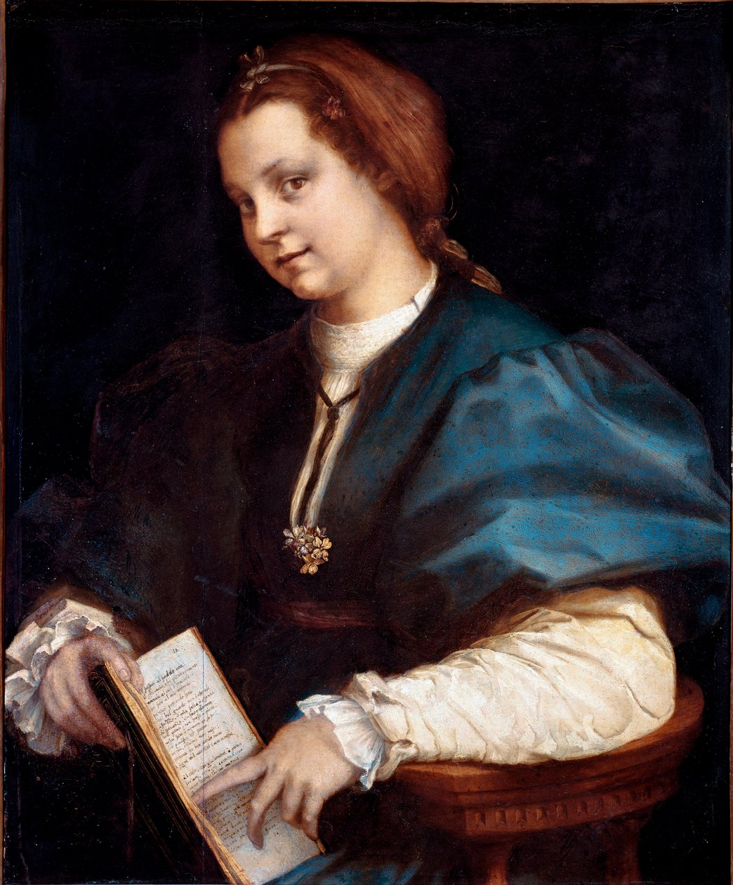 Tuntemattoman muotokuva (Nainen Petrarchinossa, nainen pitää käsissään kopiota Petrarkan (Petrarcan) "Canzoniere" -teoksesta) Andrea del Sarton (1486-1530) puumaalaus 1528 noin su. 84x69 cm Firenze, Galleria degli Uffizi (toimistot) tekijältä Andrea del Sarto