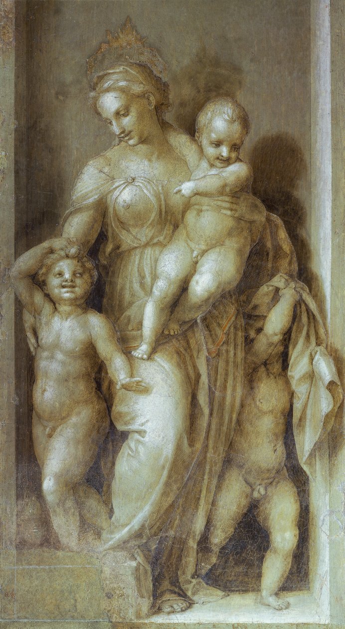 Hyväntekeväisyys, yksityiskohta Andrea del Sarton (1486-1530) Stories of St Johnista, fresko yksivärisessä Scalzon luostarissa, Firenzessä tekijältä Andrea del Sarto