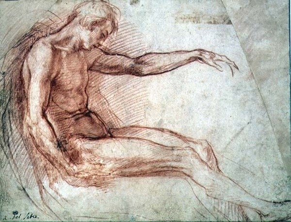 Istuva alaston mies (punainen liitu paperille) tekijältä Andrea del Sarto