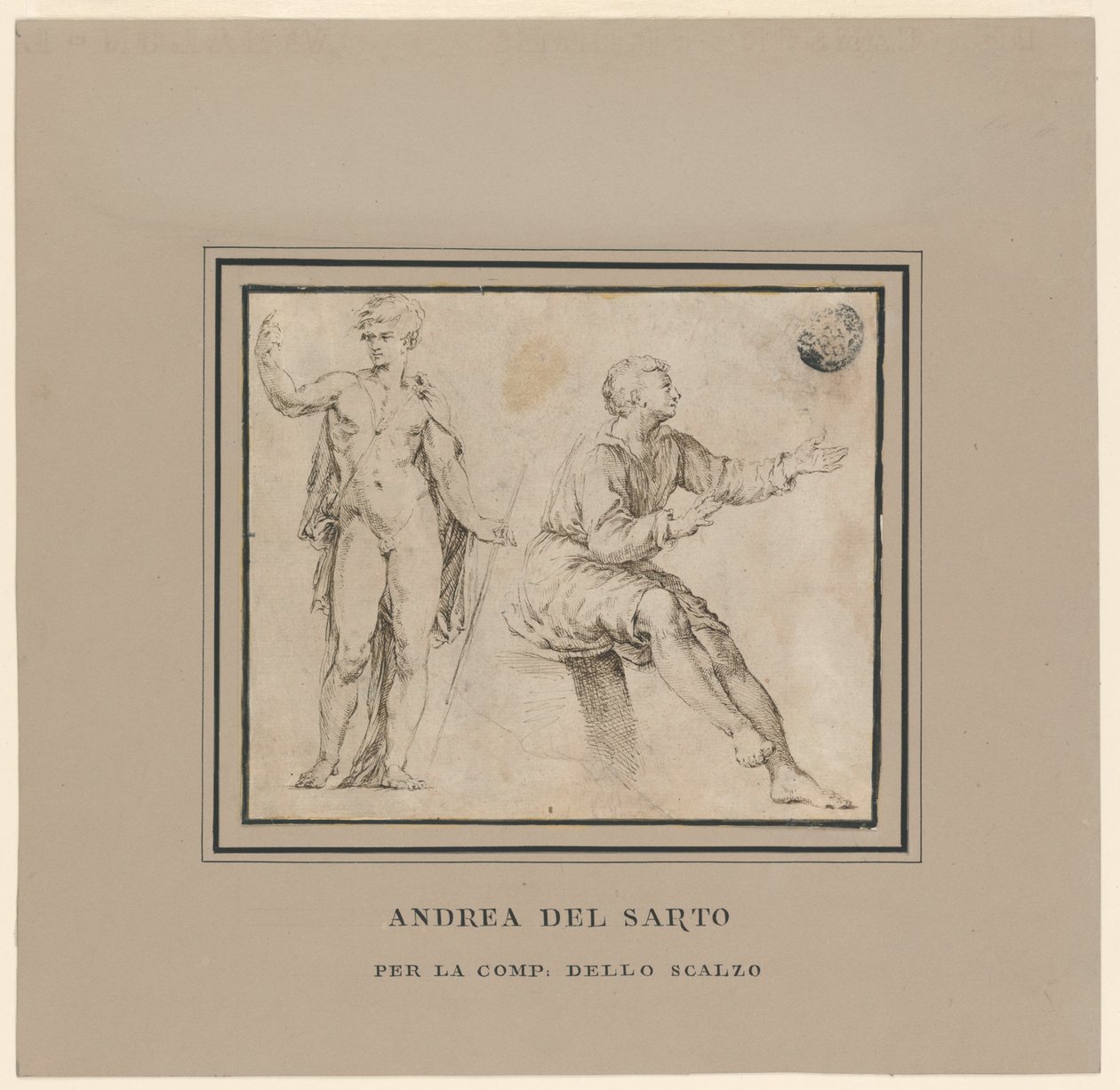 Luonnoksia alastonhahmosta klassisessa asennossa ja istuvasta hahmosta tekijältä Andrea del Sarto