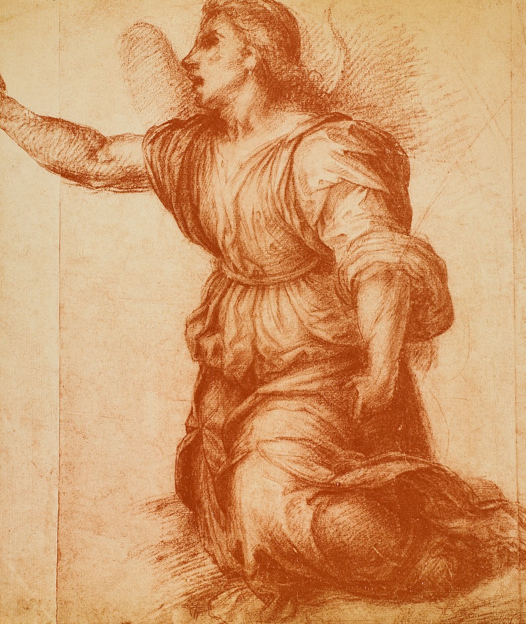 Enkelitutkimus, Andrea del Sarton ilmestyspäivän piirustus, joka sijaitsee nyt Palatina-galleriassa. Piirustus- ja grafiikkakaappi, Uffizi-galleria, Firenze tekijältä Andrea del Sarto
