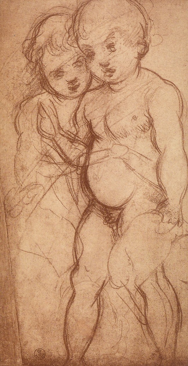 Kahden kerubin tutkimus; piirustus Andrea del Sarto. Piirustus- ja grafiikkakaappi, Uffizi-galleria, Firenze tekijältä Andrea del Sarto