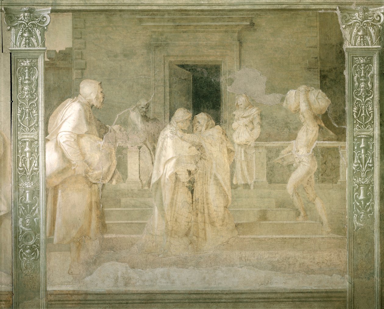 Neitsyt vierailu Elizabethissa, yksityiskohta Andrea del Sarton (1486-1530) Neitsyttarinasta, yksivärinen fresko, Scalzon luostari, Firenze tekijältä Andrea del Sarto