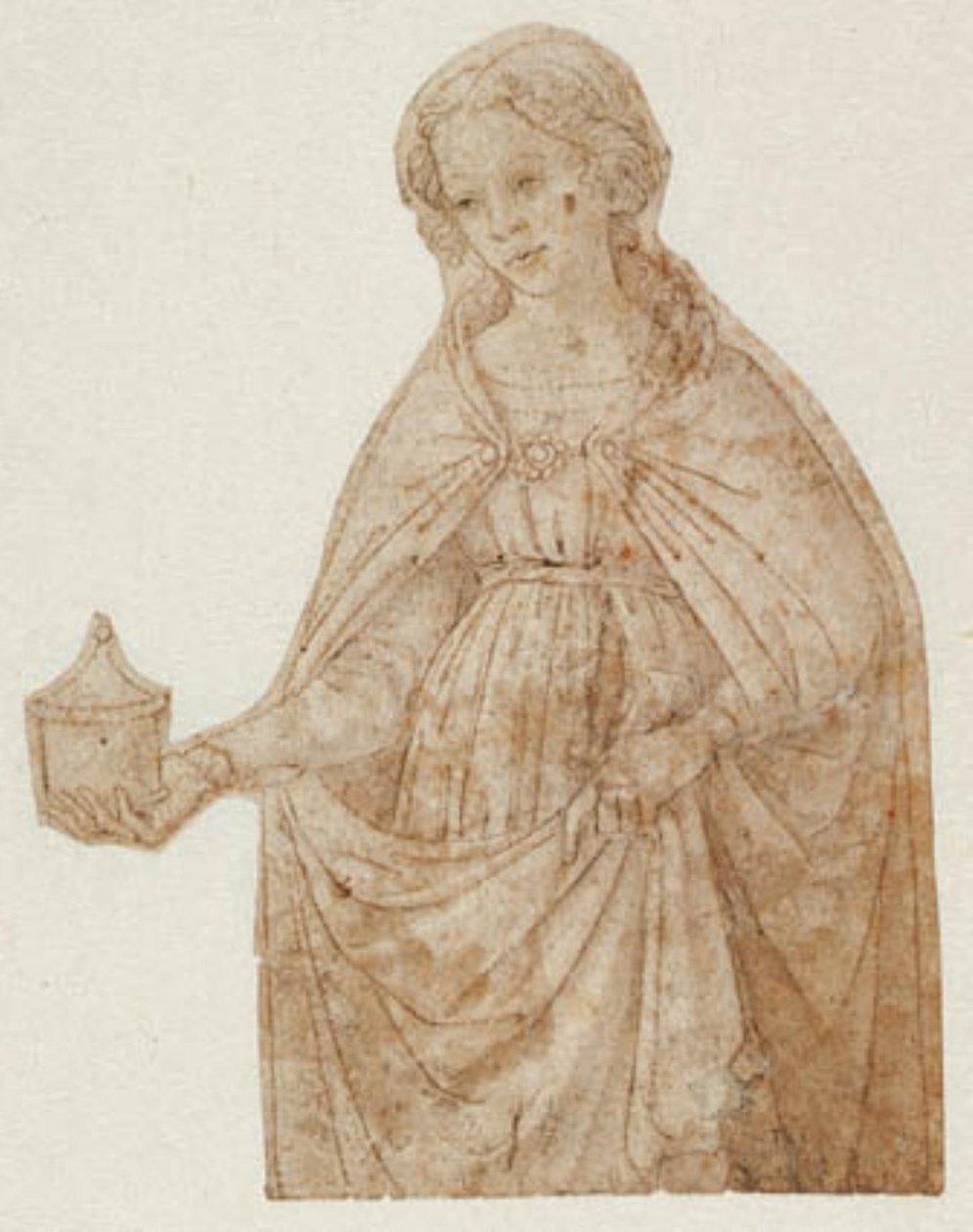 Maria Magdaleena voidepurkin kanssa. Polvi figuuri tekijältä Andrea del Verrocchio