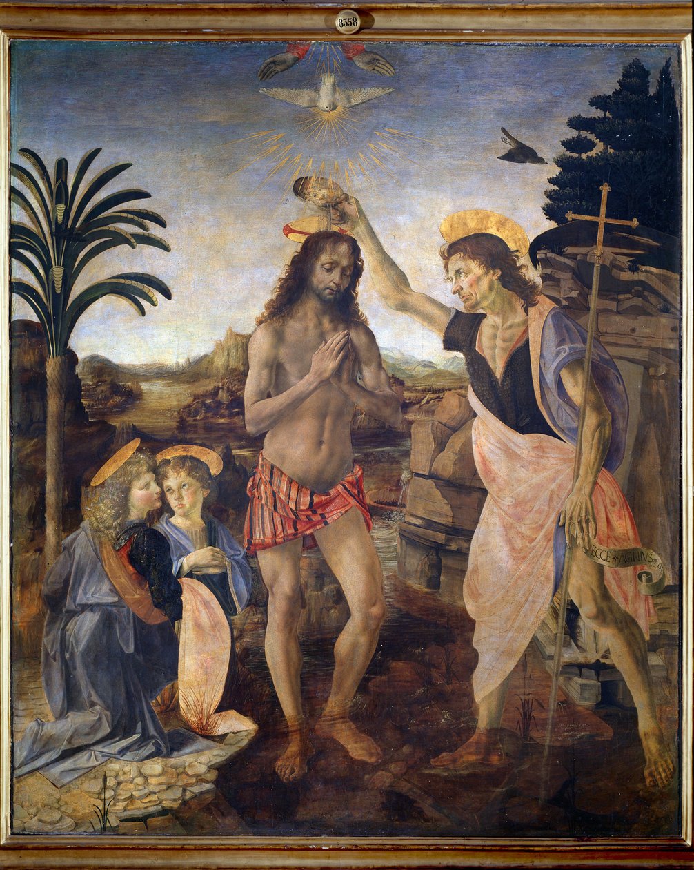 Kristuksen kaste - öljy ja tempera paneelissa tekijältä Andrea del Verrocchio