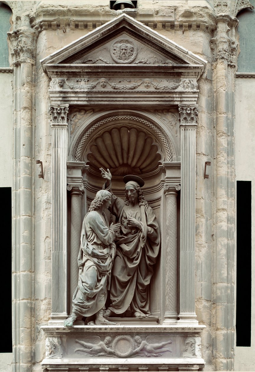 Andrea di Francesco di Cione dit il Verrocchio (1435-1488) Firenze, Chiesa di Orsanmichele -veistos St. Thomasin pronssiveistoksen uskomattomuus tekijältä Andrea del Verrocchio