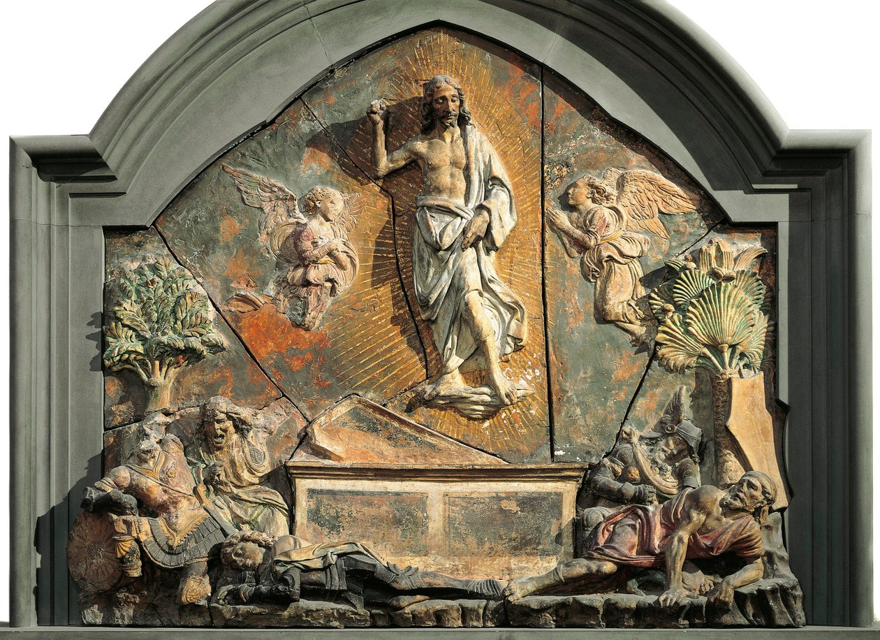 Kristuksen ylösnousemus (nukkuva sotilas on esitetty Laurent de Medicina (Lorenzo Suuri) Monivärinen terrakottareliefi Andrea del Verrocchio (1437-1488) 1400-luvun Museo Nazionale del Bargello Firenze tekijältä Andrea del Verrocchio