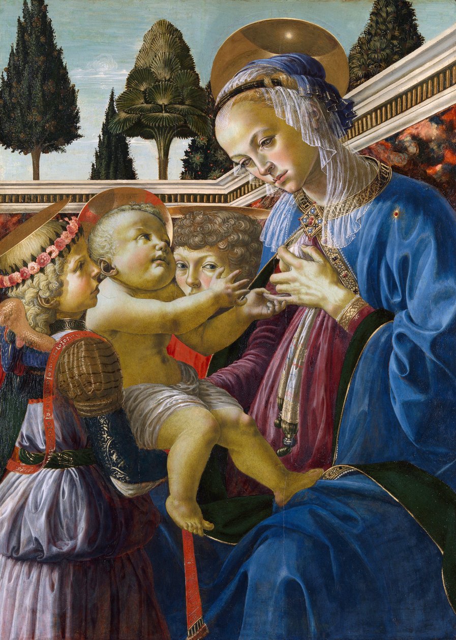 ""Madonna ja lapsi kahden enkelin kanssa"" Andrea del Verrocchion (1437-1488) maalaus 1467-1469 Lontoon kansallisgalleria tekijältä Andrea del Verrocchio
