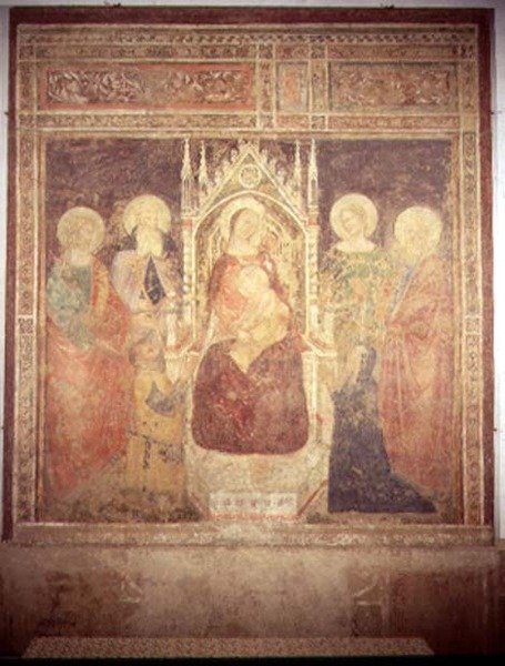 Madonna ja lapsi SS: llä. Elia, Johannes Kastaja, Nicolas ja Leonard (fresko) tekijältä Andrea di Bonaiuto (fl.1343 77)