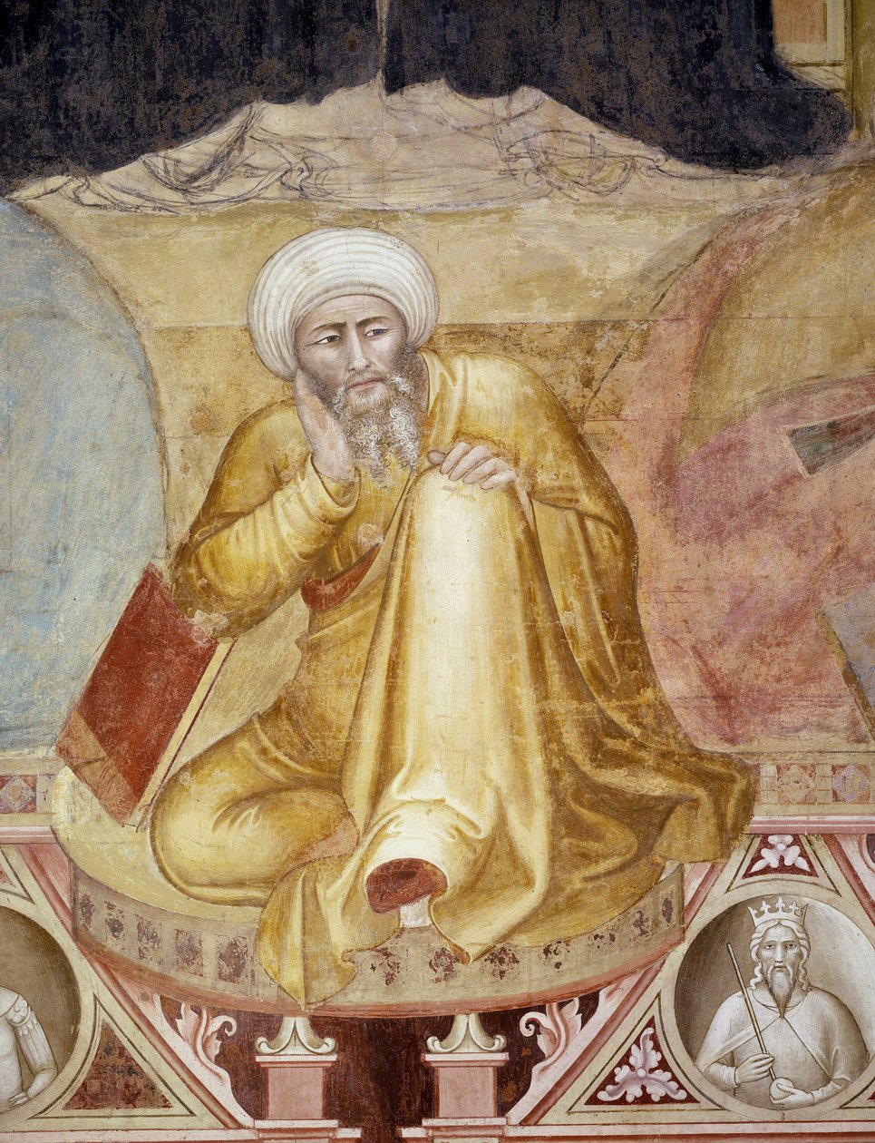 Pyhän Tuomas Akvinoksen voitto, yksityiskohta hahmosta valtaistuimen alapuolella, Espanjan kappelista, n. 1365 (fresko) tekijältä Andrea di Bonaiuto (fl.1343 77)