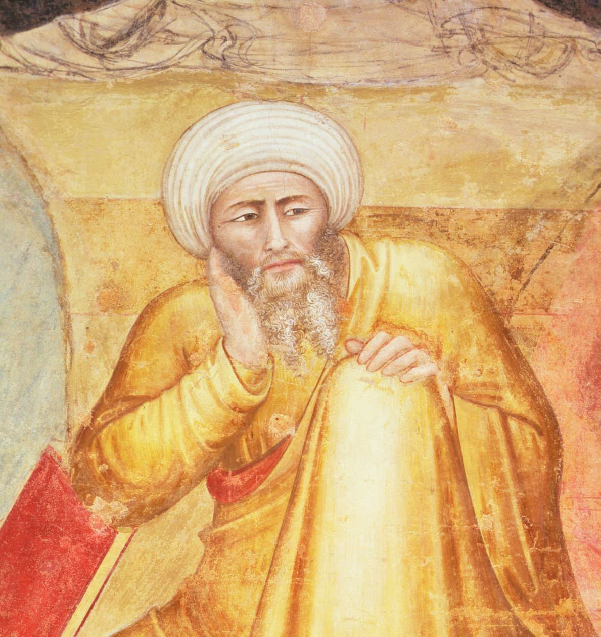 Pyhän Tuomas Akvinoksen voitto, yksityiskohta hahmosta valtaistuimen alapuolella, Espanjan kappelista, n. 1365 (fresko) tekijältä Andrea di Bonaiuto (fl.1343 77)