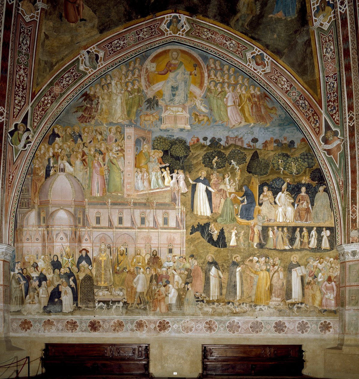 Katolisen kirkon ja dominikaanisen ritarikunnan voitto. Spagniardien kappeli (Fresko tekijältä Andrea di Bonaiuto (fl.1343 77)
