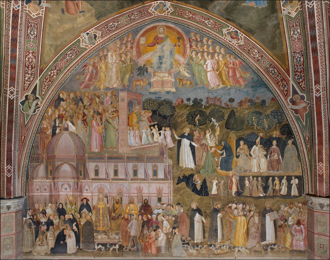 Via Veritatis, militantti ja voittoisa kirkko (Le chemin de verite, militantti Eglise et triomphante) - Andrea di Bonaiuton Cappellone degli Spagnolin fresko tekijältä Andrea di Bonaiuto (fl.1343 77)
