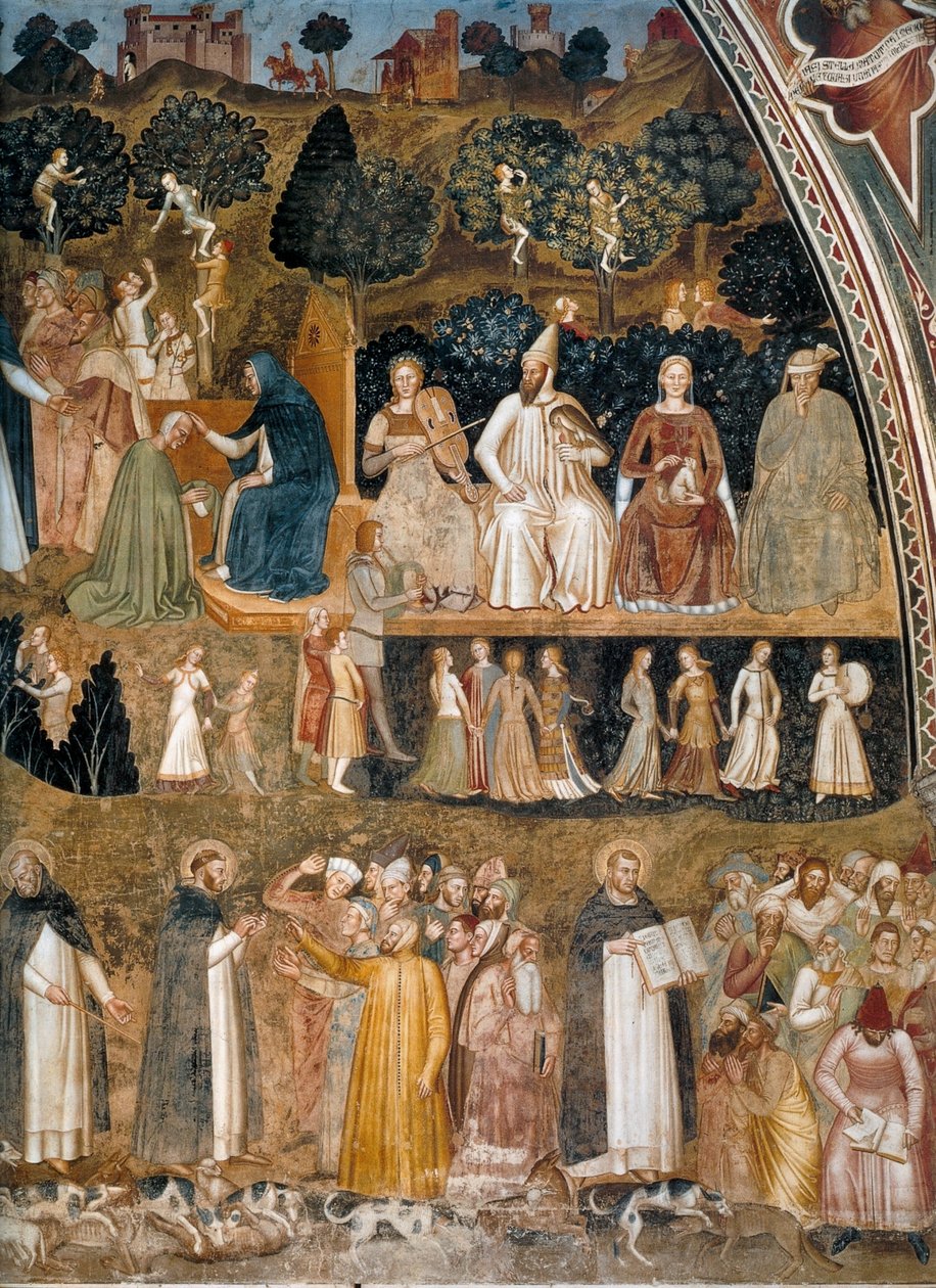 Triumph of the Church, Church Militant and Triumphant Vaihtoehtoinen nimi(t):  Allegoria aktiivisesta ja voittoisasta kirkosta ja dominikaanijärjestöstä: Allegory of the Active and Triumphant Church and the Dominican order tekijältä Andrea di Bonaiuto