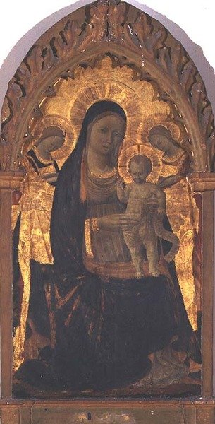 Madonna ja lapsi kahden enkelin kanssa (tempera paneelissa) tekijältä Andrea di Giusto Manzini