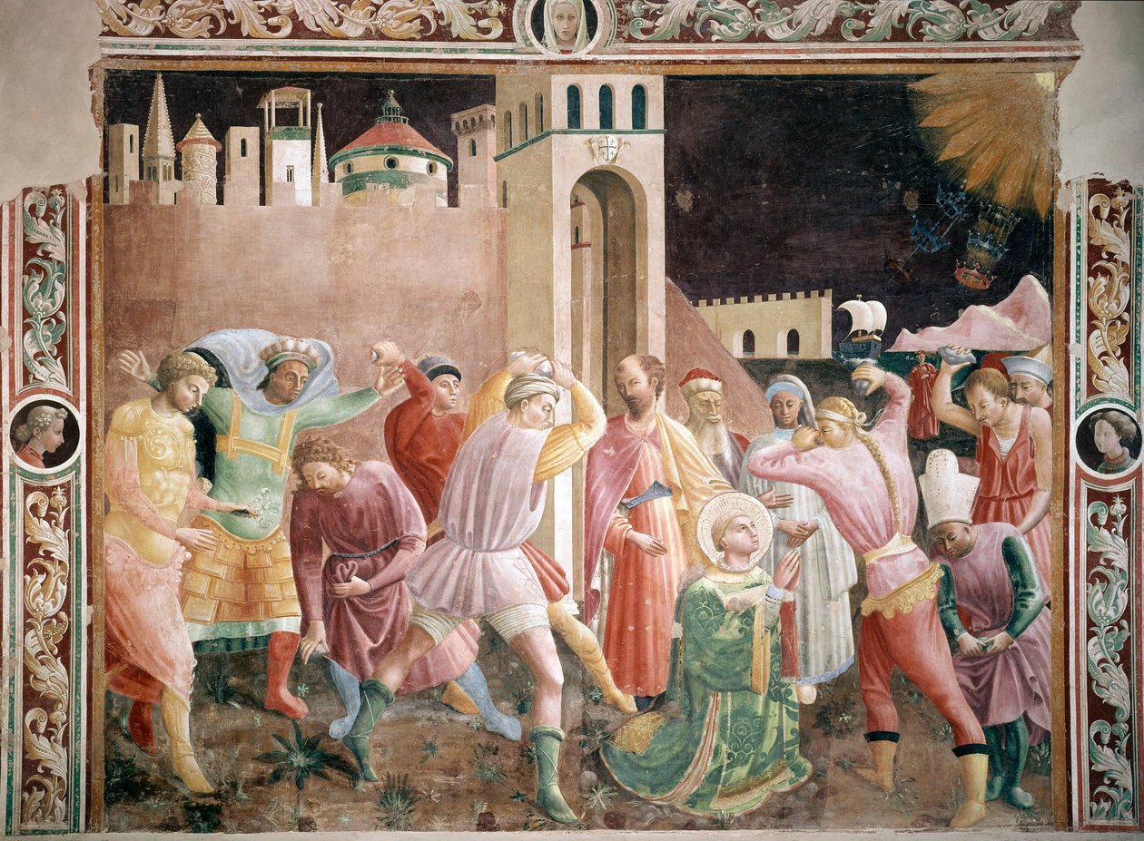 Andrea di Giuston tekemä Pyhän Tapanin freskon kivitys (toiminut noin 1424-1450) 1430-1450 Praton katedraali, Assunta Praton kappeli Italia tekijältä Andrea di Giusto Manzini