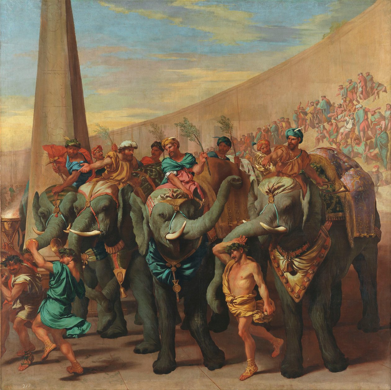 Elephants dans un cirque - Norsut sirkuksessa, Andrea di Leone (1596-1675). Öljy kankaalle, n. 1637-1640. Mitat: 229 x 231 cm. Museo del Prado, Madrid tekijältä Andrea di Leone