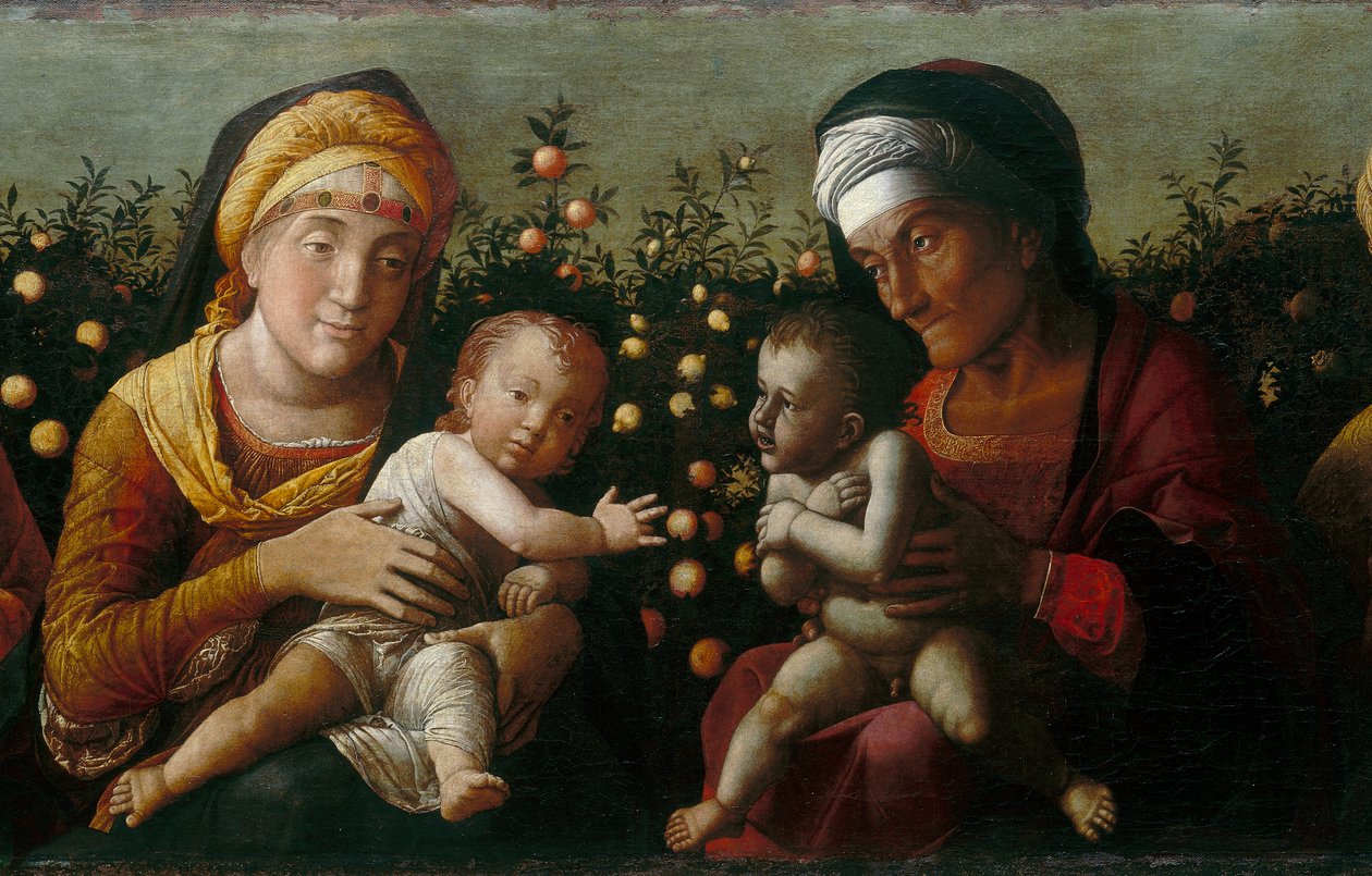 Pyhä perhe pyhien Elisabethin, Johnin ja Sakarian kanssa, yksityiskohta tekijältä Andrea school of Mantegna