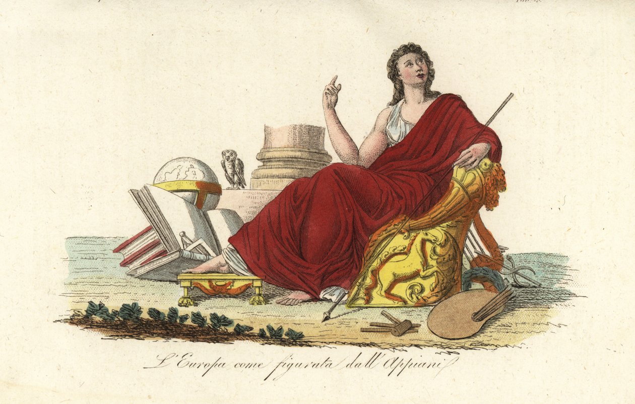 Euroopan allegorinen hahmo istuu valtaistuimella violetissa kaapussa kirjojen, maapallon, paletin, valtikan, lyyran ja pöllön kanssa tekijältä Andrea the Elder (after) Appiani