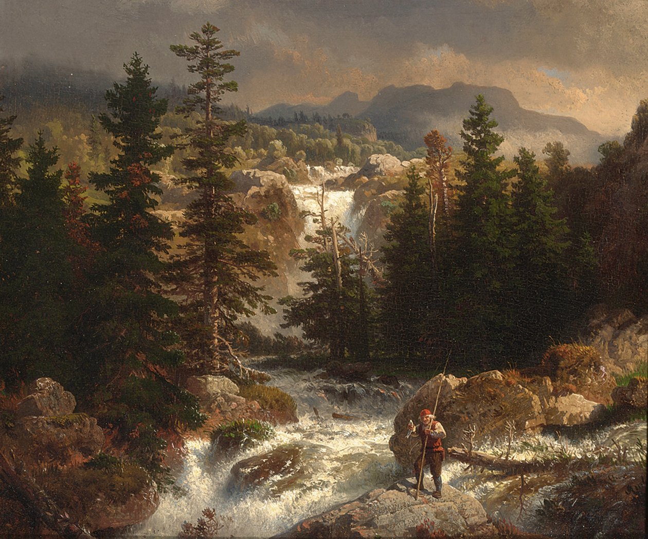Kalastaja tarkastaa saaliinsa koskessa tekijältä Andreas Achenbach