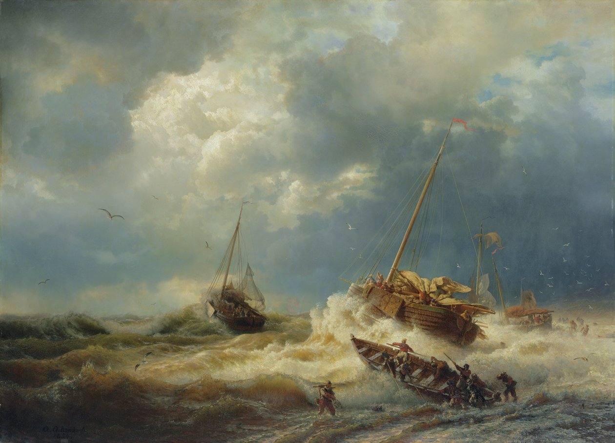 Laivoja myrskyssä Hollannin rannikolla, 1854 tekijältä Andreas Achenbach