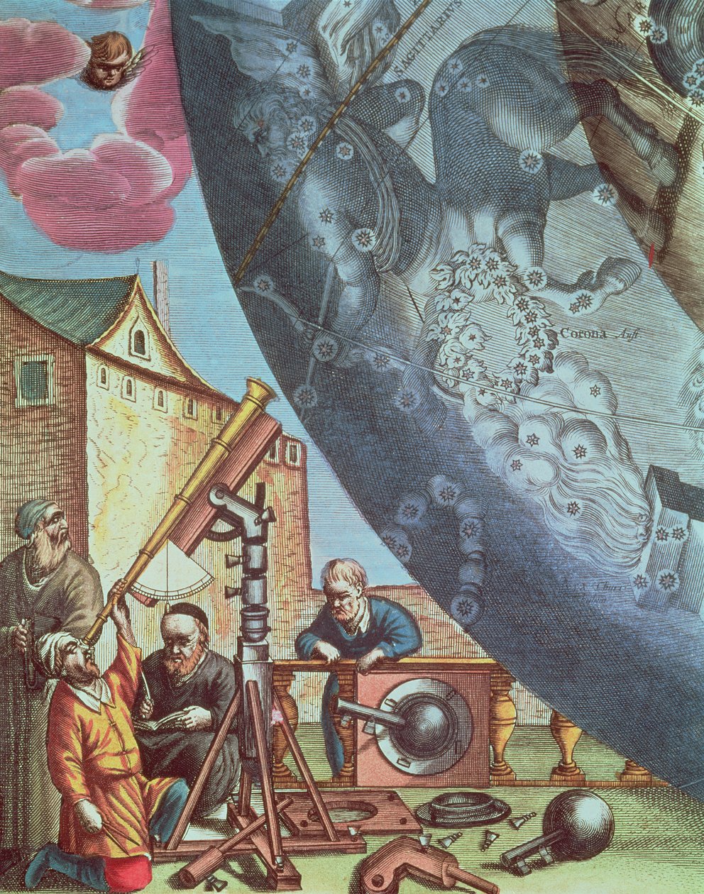Tähtitieteilijät katsovat kaukoputken läpi, yksityiskohta tähtikuvioiden kartalta "Taivaan atlas eli Universumin harmonia" (Atlas coelestis seu harmonica macrocosmica) -pubista. kirjoittanut Joannes tekijältä Andreas Cellarius