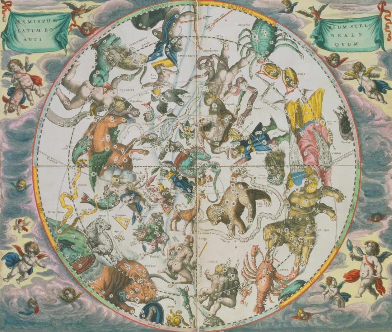 Taivaallinen planisfääri, joka näyttää horoskooppimerkkejä, pubista "The Celestial Atlas tai The Harmony of the Universe" (atlas coelestis seu harmonia macrocosmica). Joannes Janssonius, Amsterdam, 166 tekijältä Andreas Cellarius