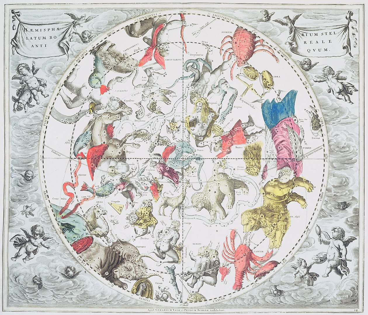 Celestial Planisphere, joka näyttää horoskooppimerkkejä, pubista "The Celestial Atlas tai The Harmony of the Universe" (atlas coelestis seu harmonia macrocosmica). kirjoittanut Joannes Janssonius, Amsterdam, 166 tekijältä Andreas Cellarius