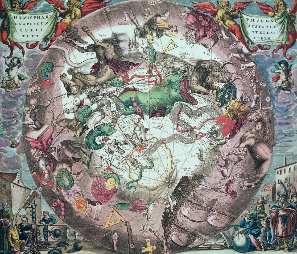 Eteläisen pallonpuoliskon tähtikuviot Pieter Schenkin (1660-1719) ja Gerard Valkin kaiverruksesta "The Celestial Atlas, or the Harmony of the Universe" (Atlas coelestis seu harmonica macrocosmica). tekijältä Andreas Cellarius