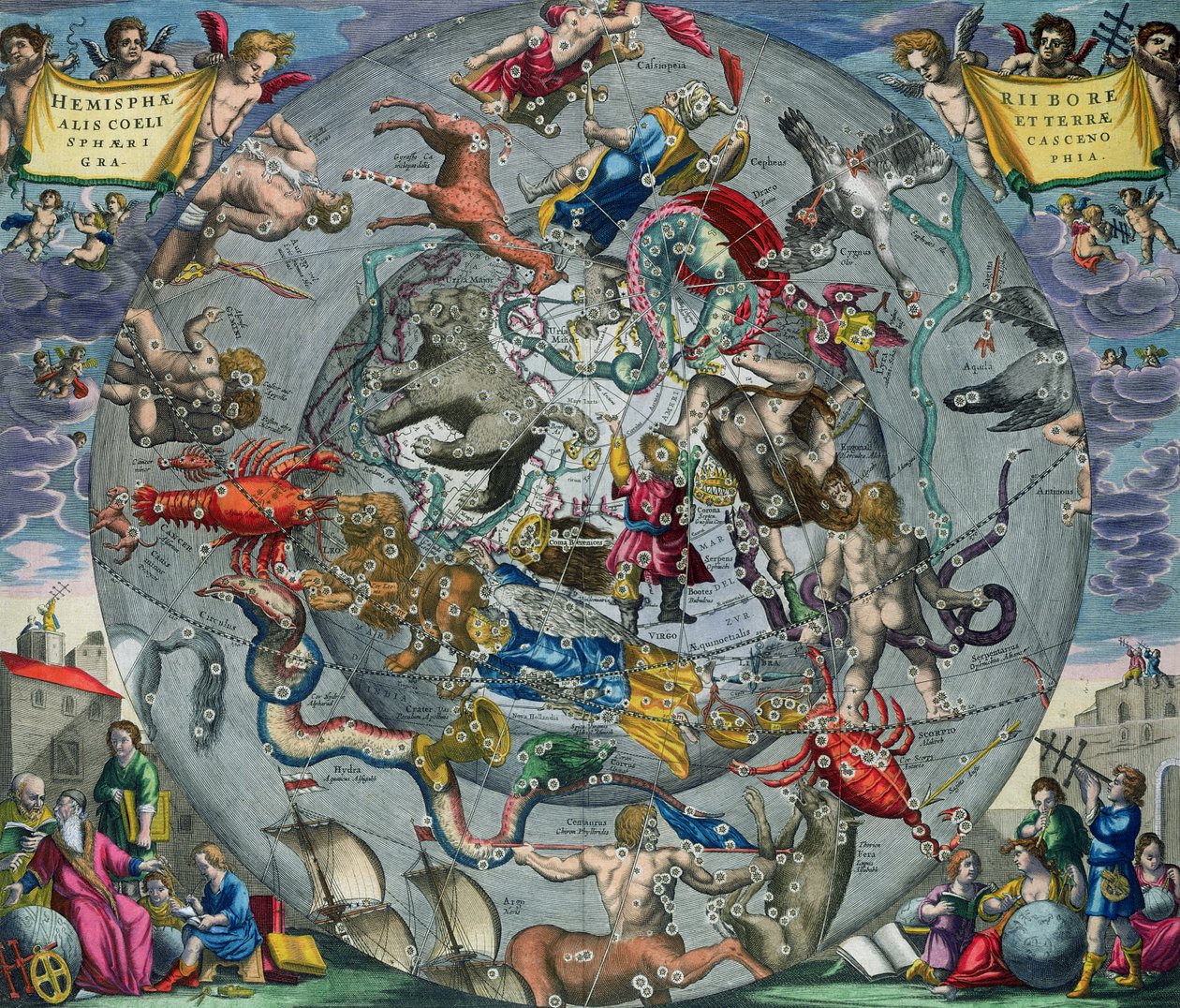 Kartta pohjoisen pallonpuoliskon tähtikuvioista, pubista "Taivaallinen atlas eli Universumin harmonia" (Atlas coelestis seu harmonia macrocosmica). Joannes Janssonius, Amsterdam, 1660 tekijältä Andreas Cellarius