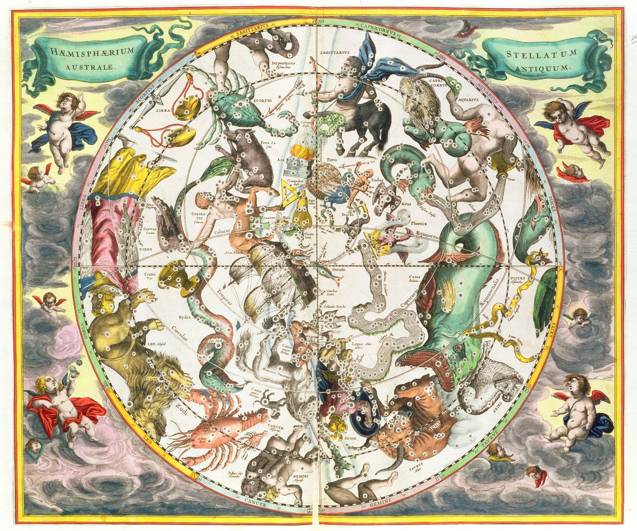 Eteläisen pallonpuoliskon kartta, pubista "The Celestial Atlas tai The Harmony of the Universe" (Atlas coelestis seu harmonia macrocosmica). kirjoittanut Joannes Janssonius, Amsterdam, 1660-61 (käsinvärjätty eng tekijältä Andreas Cellarius