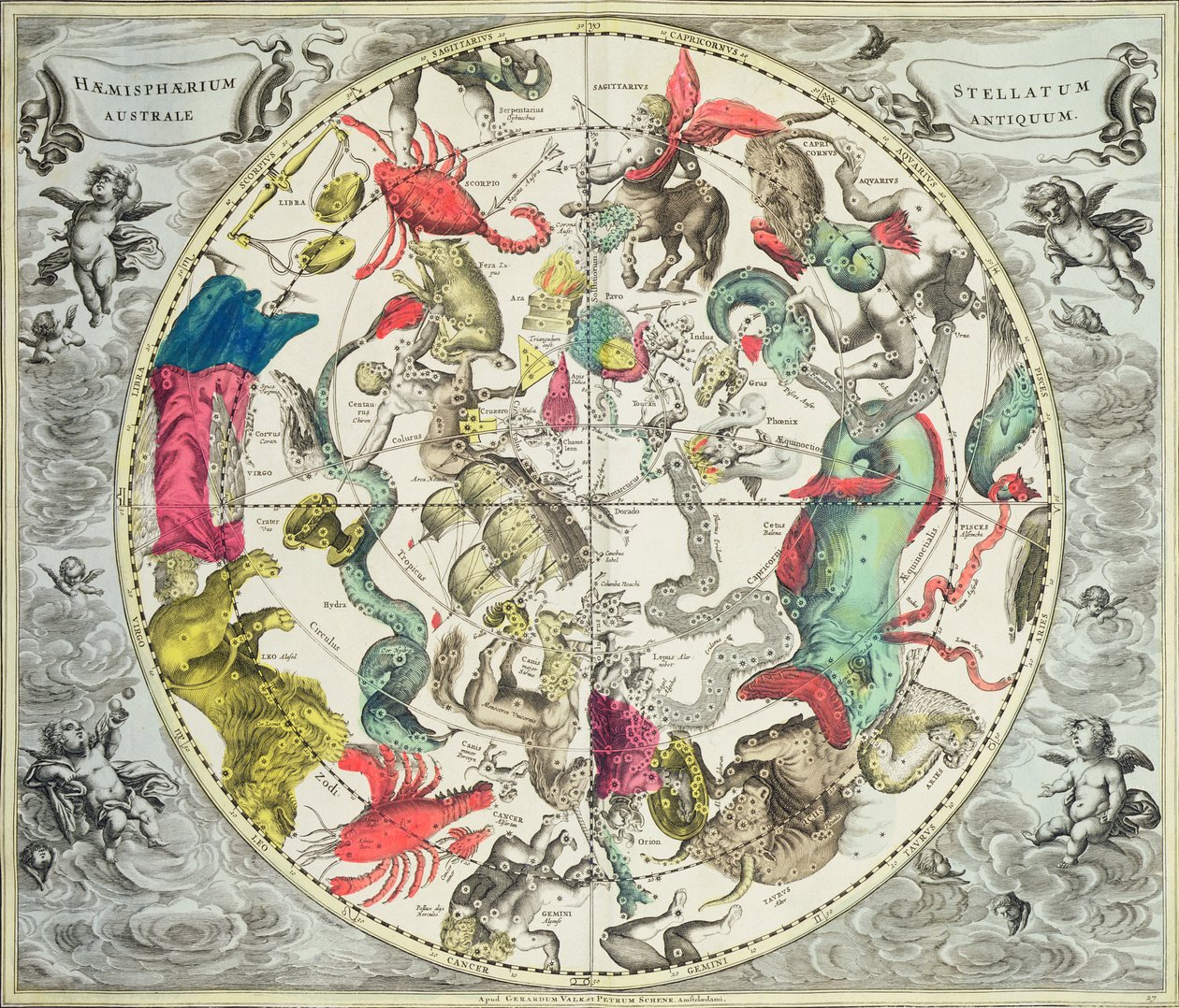 Eteläisen pallonpuoliskon kartta, pubista "The Celestial Atlas tai The Harmony of the Universe" (Atlas coelestis seu harmonia macrocosmica). kirjoittanut Joannes Janssonius, Amsterdam, 1660-61 (käsinvärjätty eng tekijältä Andreas Cellarius