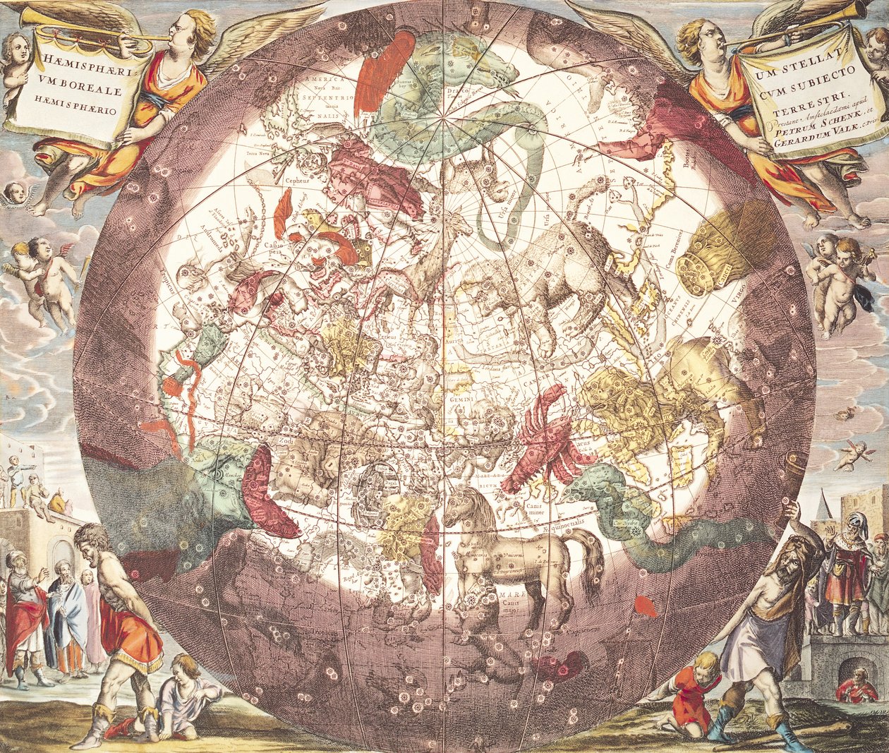 Pohjoinen (boreaalinen) pallonpuolisko, teoksesta "Taivaallinen atlas tai maailmankaikkeuden harmonia", kaiverrus Pieter Schenk (1660-1719) ja Gerard Valk (1651-1726) (käsinvärinen kaiverrus) tekijältä Andreas Cellarius