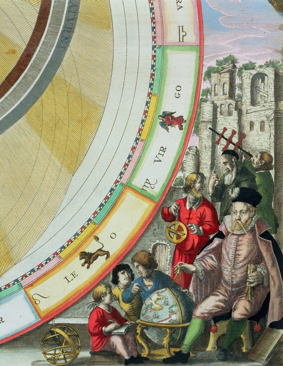 Tycho Brahe (1546-1601), yksityiskohta kartalta, joka näyttää hänen planeettojen kiertoradansa, pubista "The Celestial Atlas tai The Harmony of the Universe" (Atlas coelestis seu harmonia macrocosmica). kirjoittanut Joanne tekijältä Andreas Cellarius