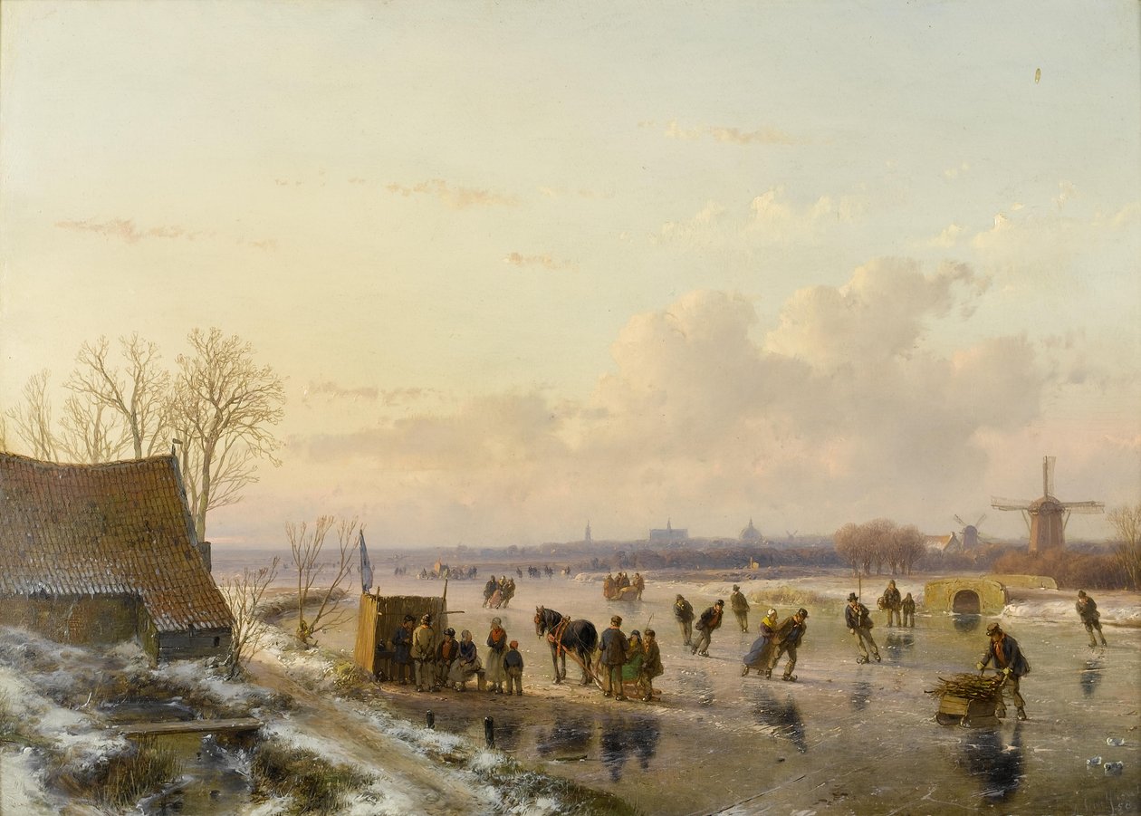 Winterlandschap tapasi schaatsers, Haarlem in de verte tekijältä Andreas Schelfhout