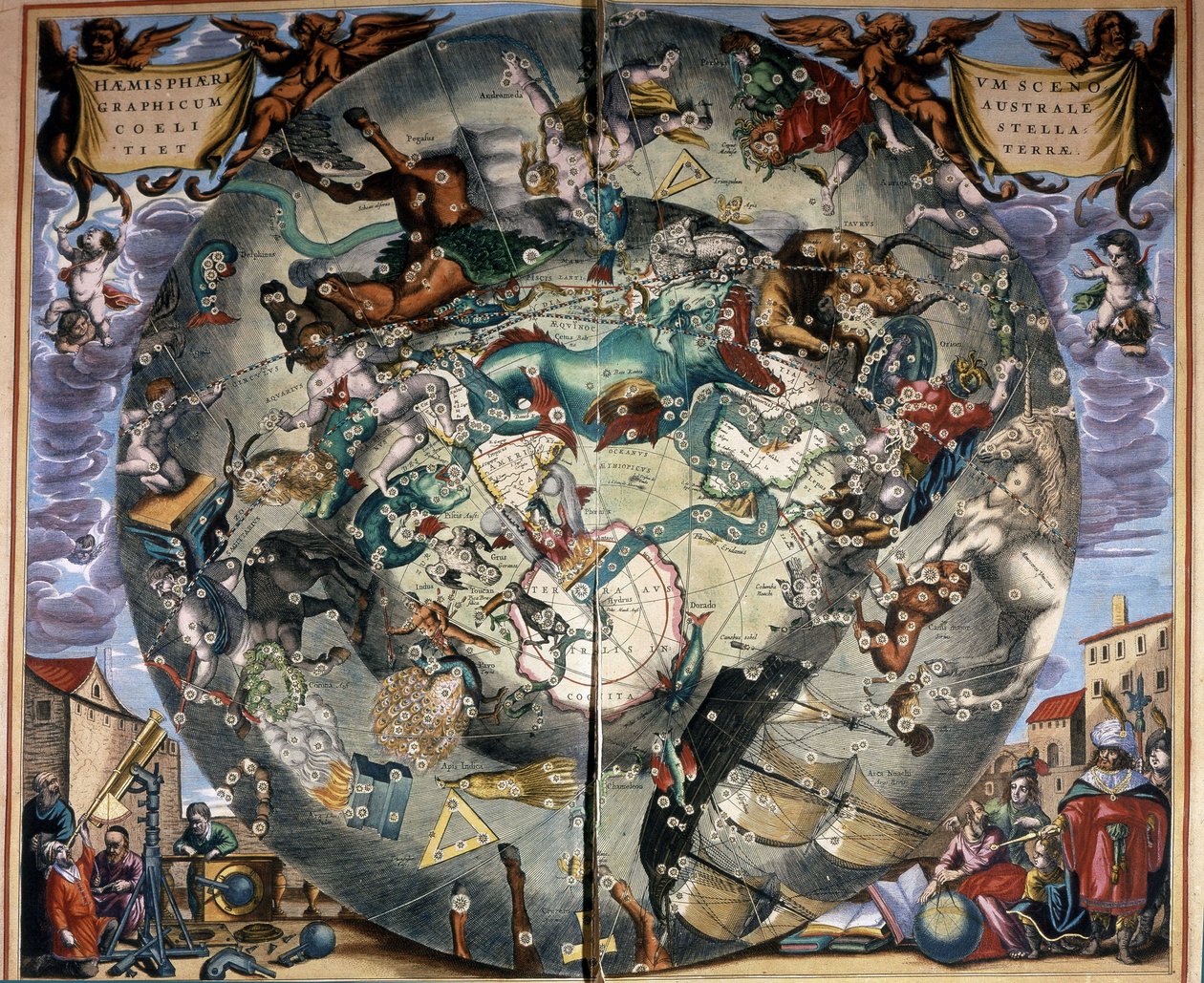 Cellariuksen esittämä eteläisen pallonpuoliskon esitys. 1700-luvun kirja. tekijältä Andreas (after) Cellarius