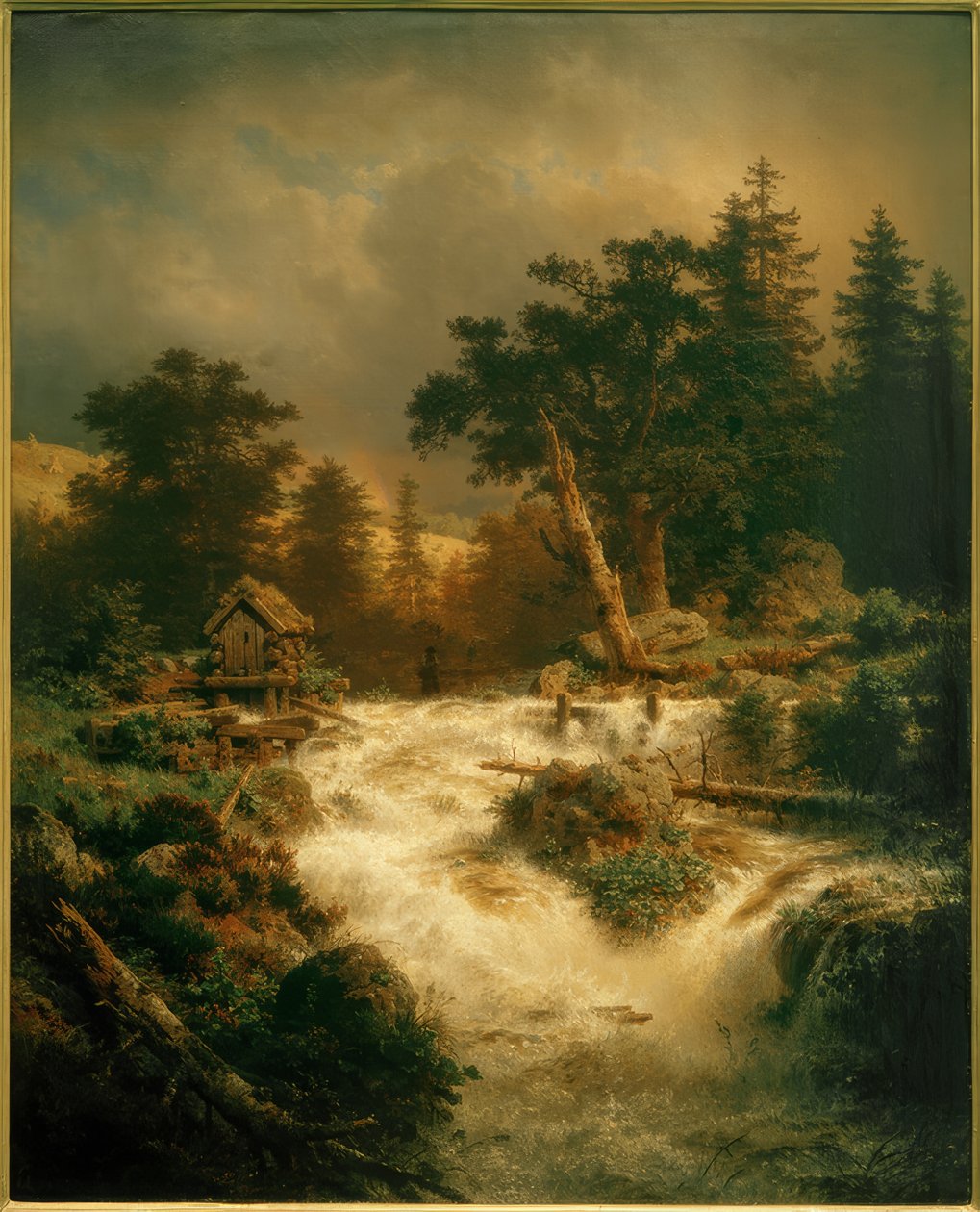 A.Achenbach, pohjoismainen vesiputous sateenkaarella tekijältä Andreas Achenbach