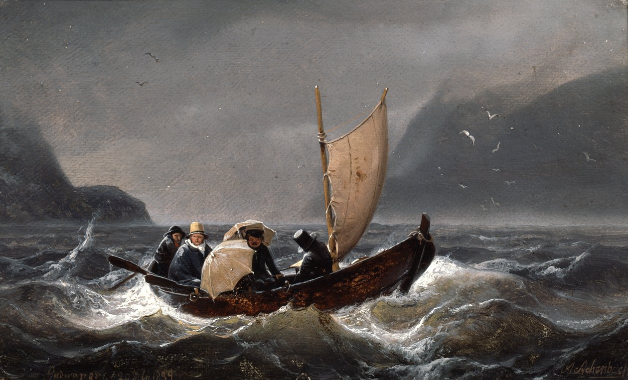 Taiteilijat myrskyisellä säällä Sognefjordenissa tekijältä Andreas Achenbach
