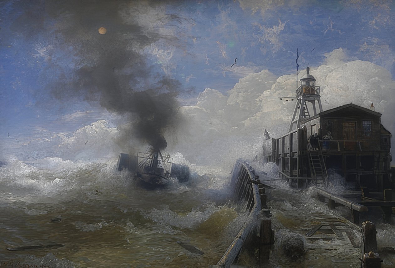 Hinaaja lähtee Oostenden satamasta nousuveden aikaan. 1878 tekijältä Andreas Achenbach