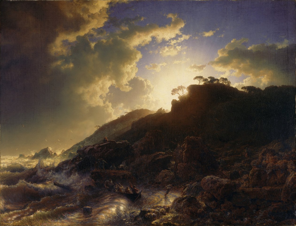 French: Coucher de soleil après une tempête sur la côte de la Sicile Auringonlasku myrskyn jälkeen Sisilian rannikolla. tekijältä Andreas Achenbach