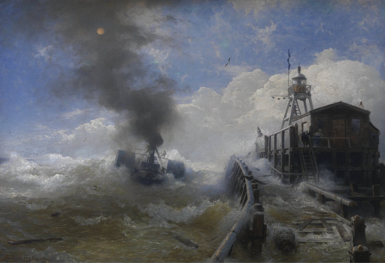 Saksa: Ein Schlepper verlässt den Hafen von Ostende bei Flut Hinaaja lähtee Oostenden satamasta kukoistusaikaan. tekijältä Andreas Achenbach