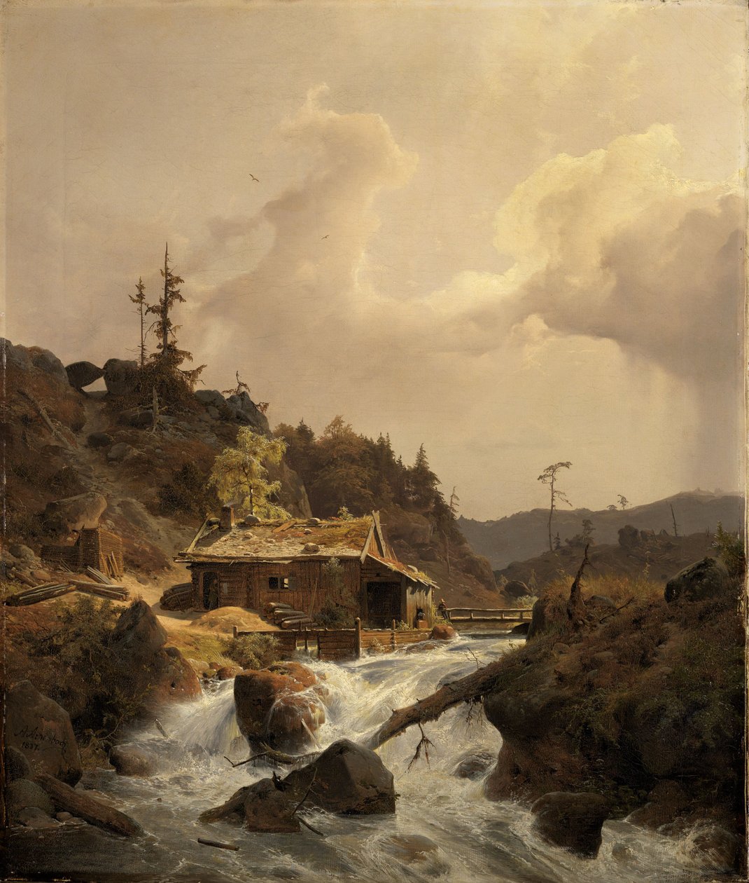 Norjalainen maisema ja saha tekijältä Andreas Achenbach