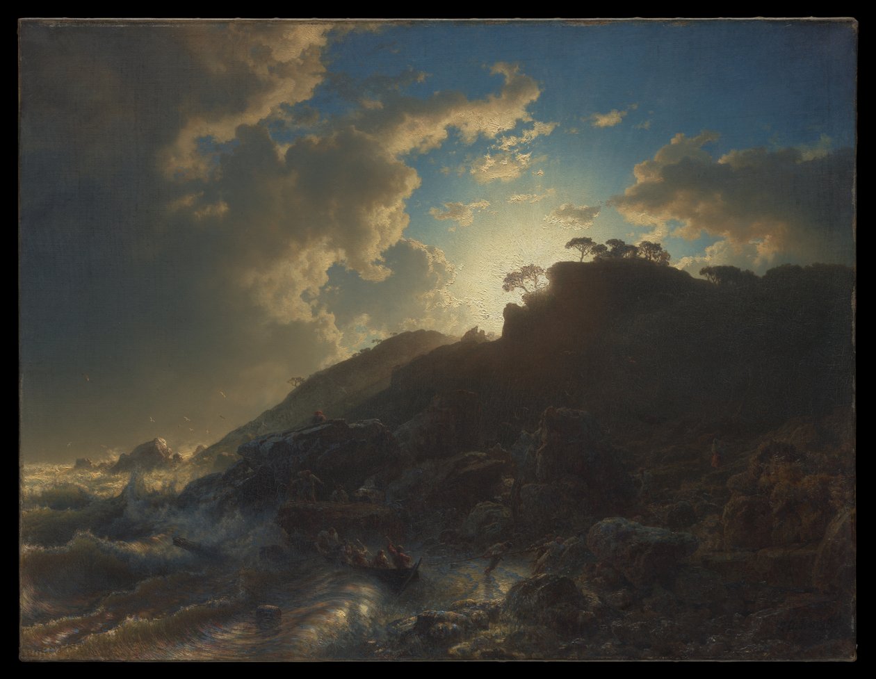 Auringonlasku myrskyn jälkeen Sisilian rannikolla tekijältä Andreas Achenbach
