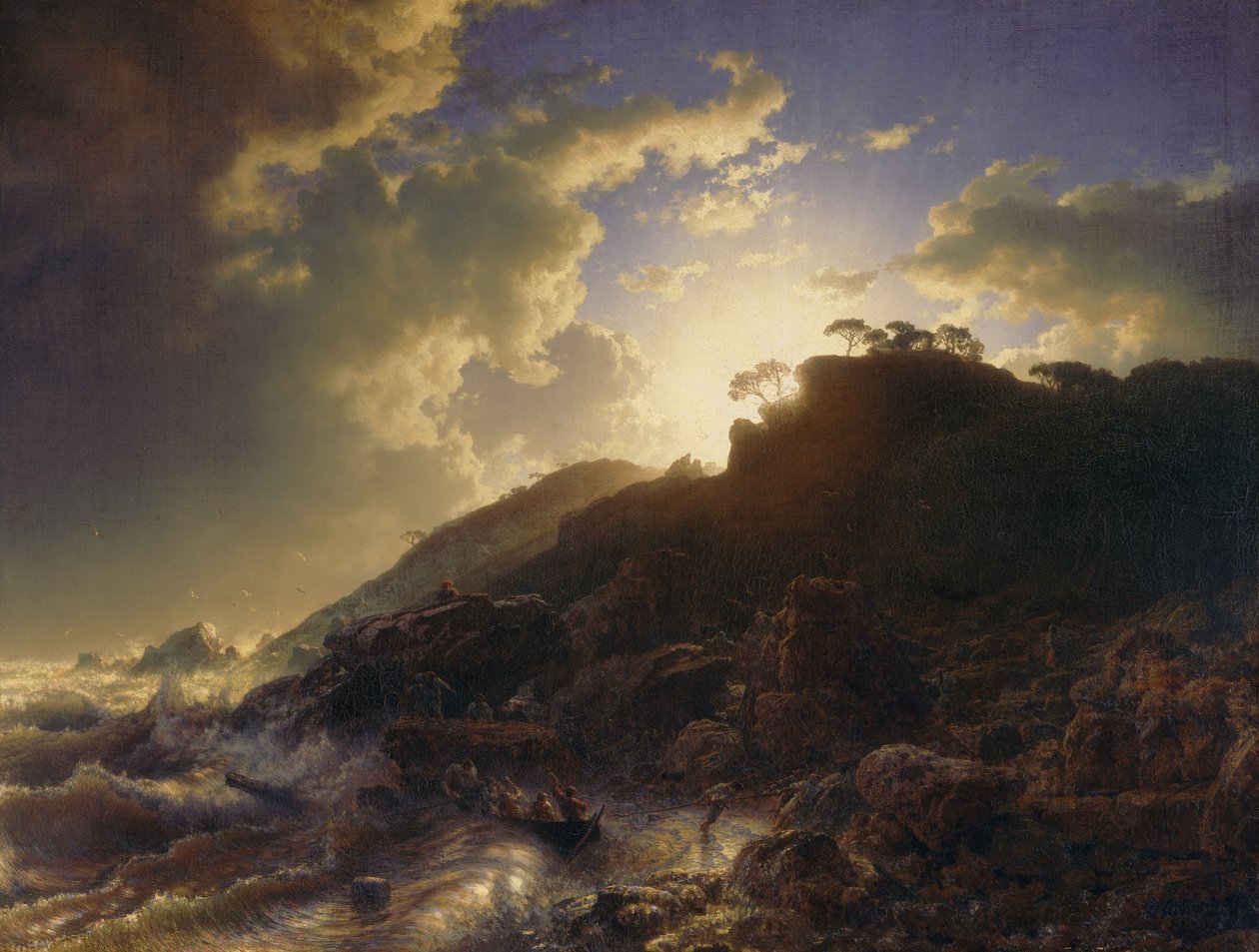 Auringonlasku myrskyn jälkeen Sisilian rannikolla, 1853. tekijältä Andreas Achenbach