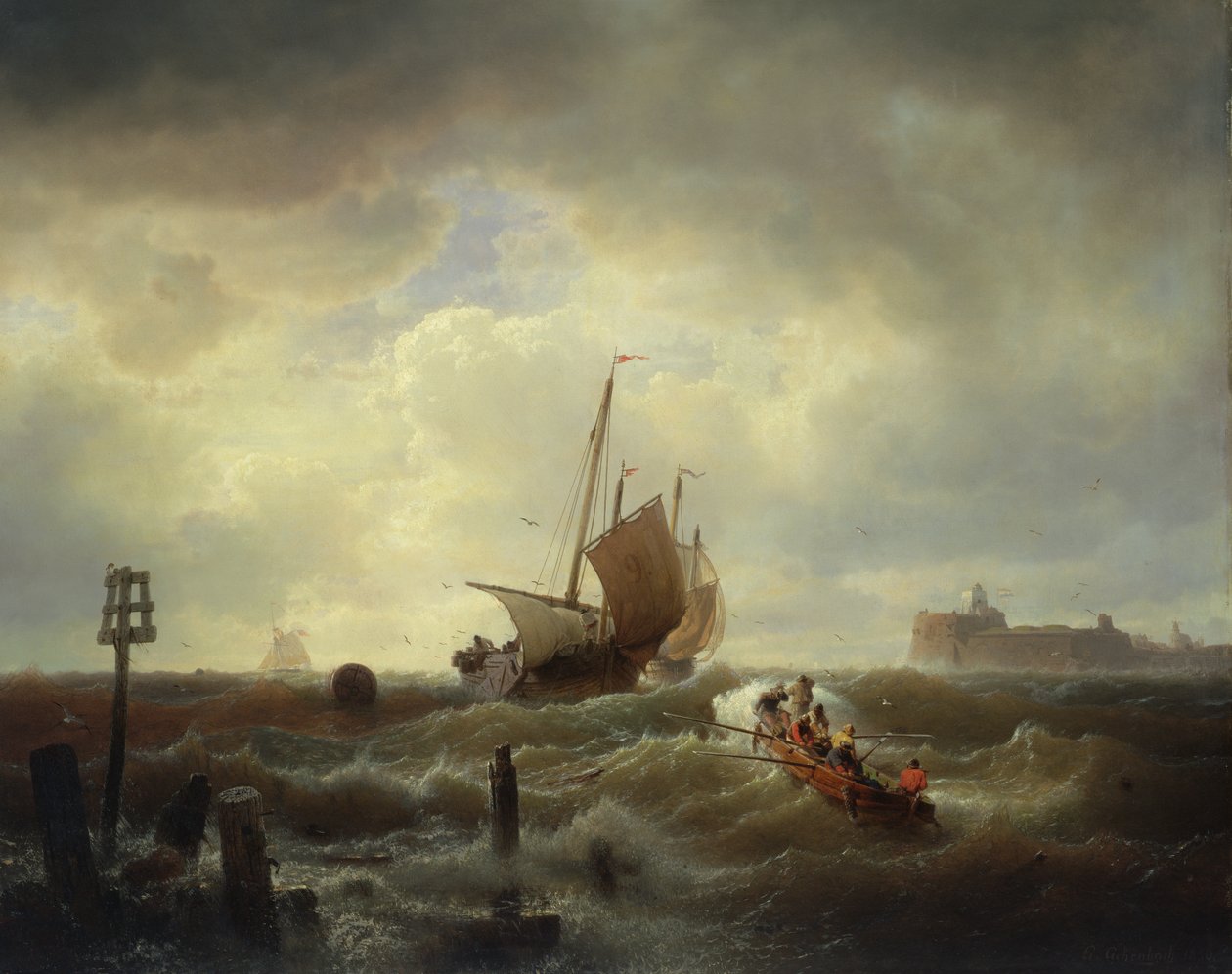Hellevoetsluisin sataman sisäänkäynti, 1850 tekijältä Andreas Achenbach