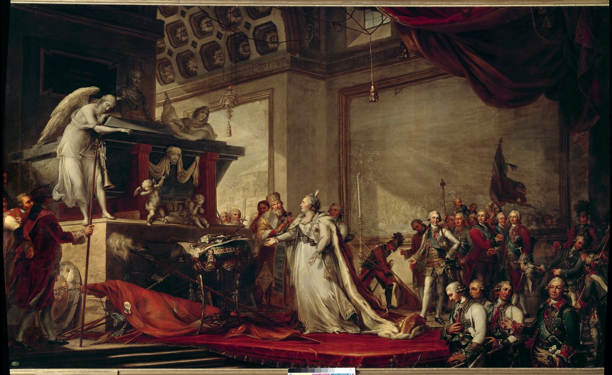 Impress Katariina II (1729-1796) asettaa turkkilaisilta otetut pokaalit Pietari Suuren haudan eteen Andreas Caspar Hunen (Huene) (1758-1813) maalaus vuodelta 1791 - Pushkin (kaupunki) - (Katariinan palatsi ?) tekijältä Andreas Caspar Hune